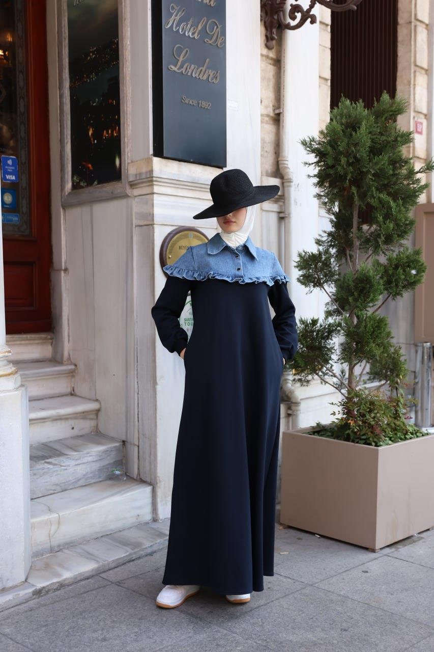 1583 Üç İplik ve jeans Detaylı Elbise - Lacivert 