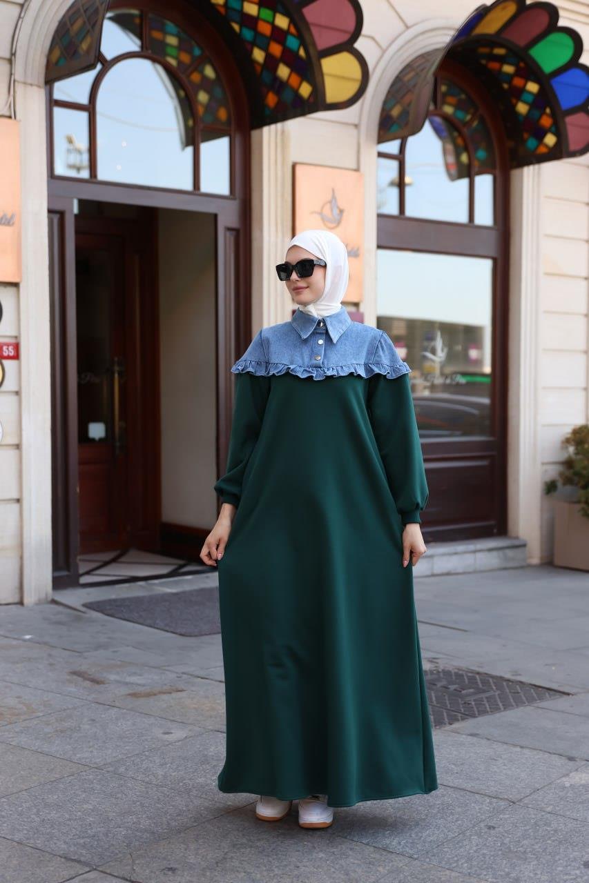 1583 Üç İplik ve jeans Detaylı Elbise - Zümrüt Yeşili 