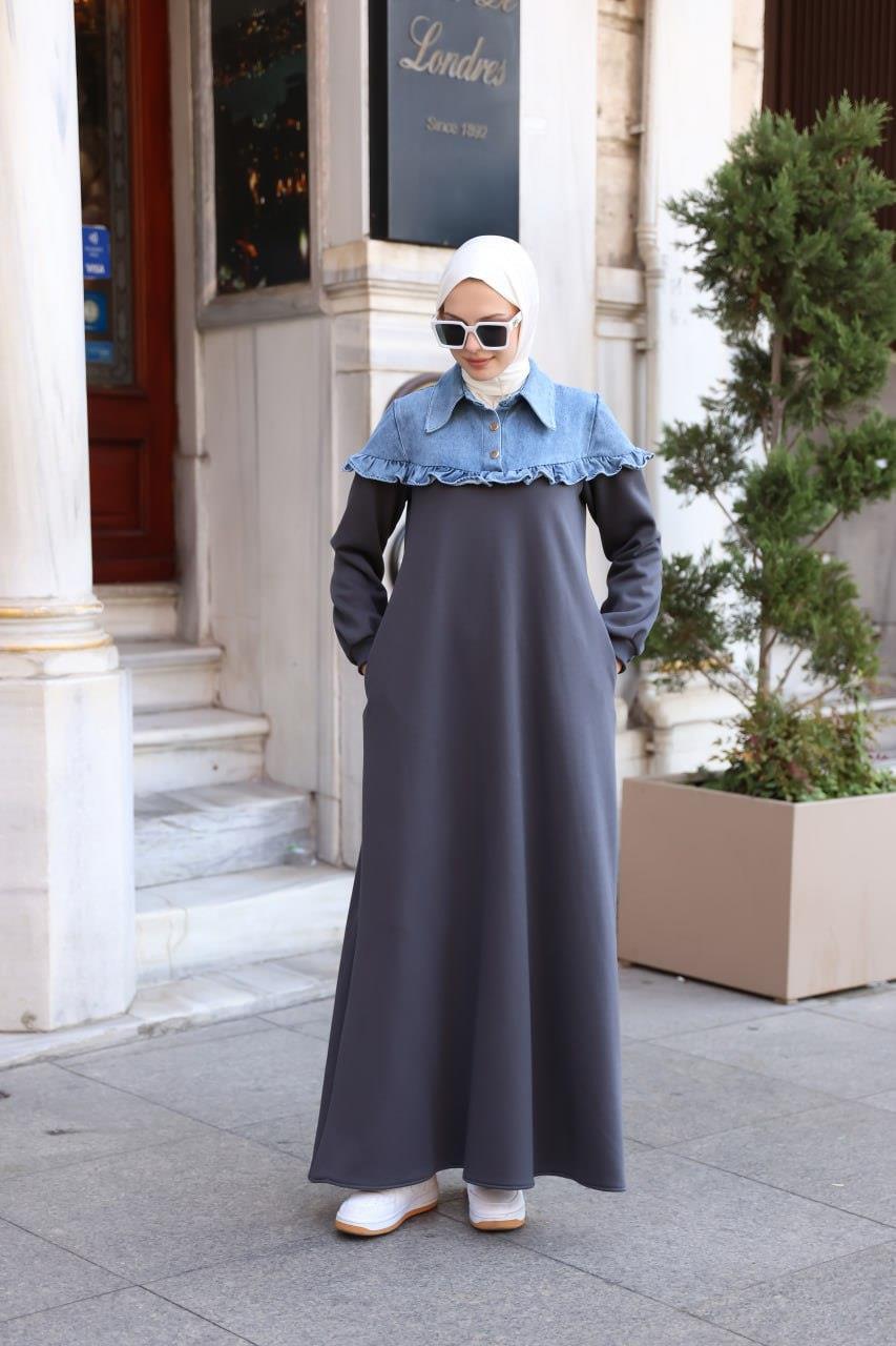 1583 Üç İplik ve jeans Detaylı Elbise - Gri