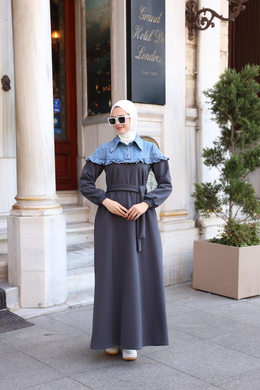 1583 Üç İplik ve jeans Detaylı Elbise - Gri