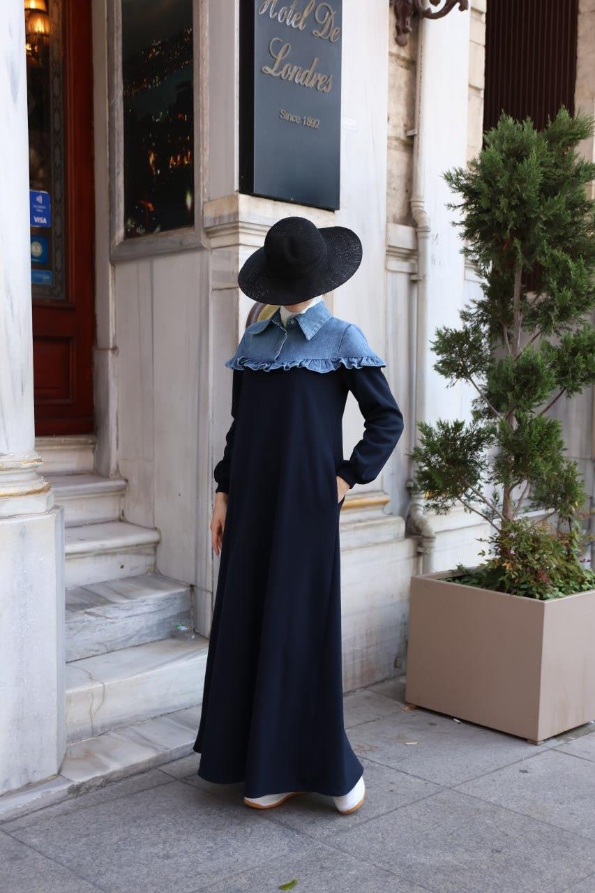 1583 Üç İplik ve jeans Detaylı Elbise - Lacivert 