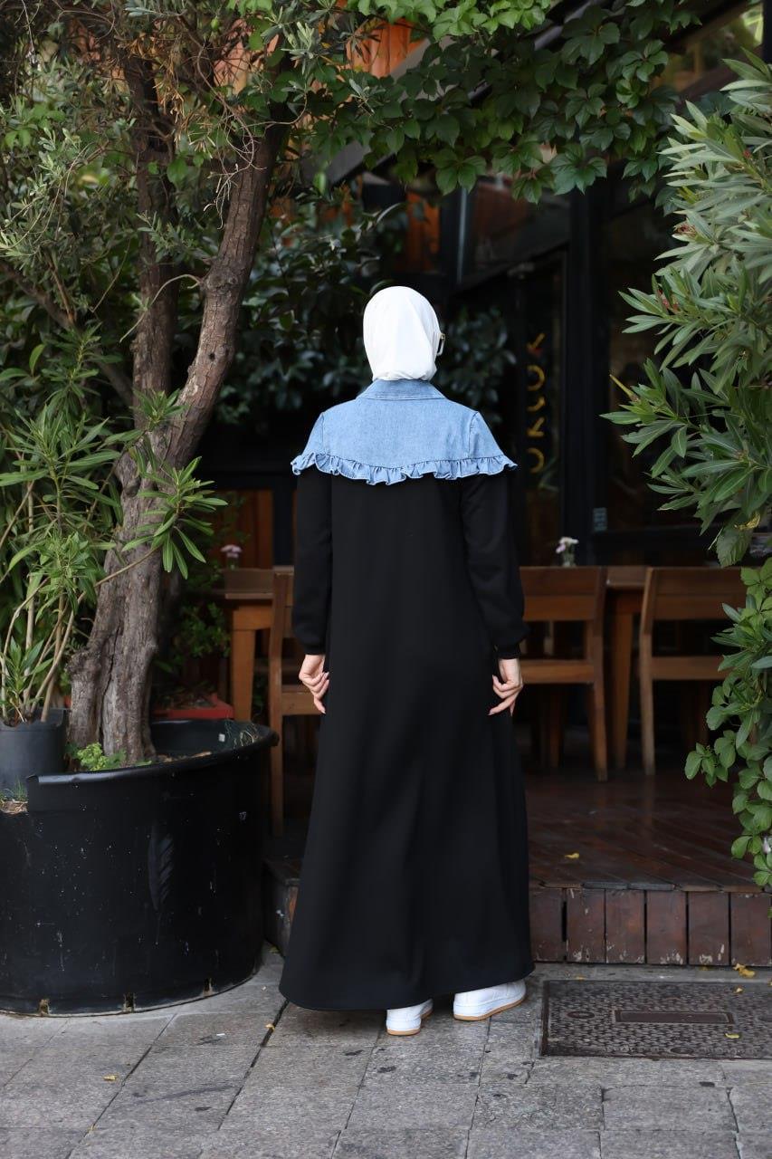 1583 Üç İplik ve jeans Detaylı Elbise - Siyah 