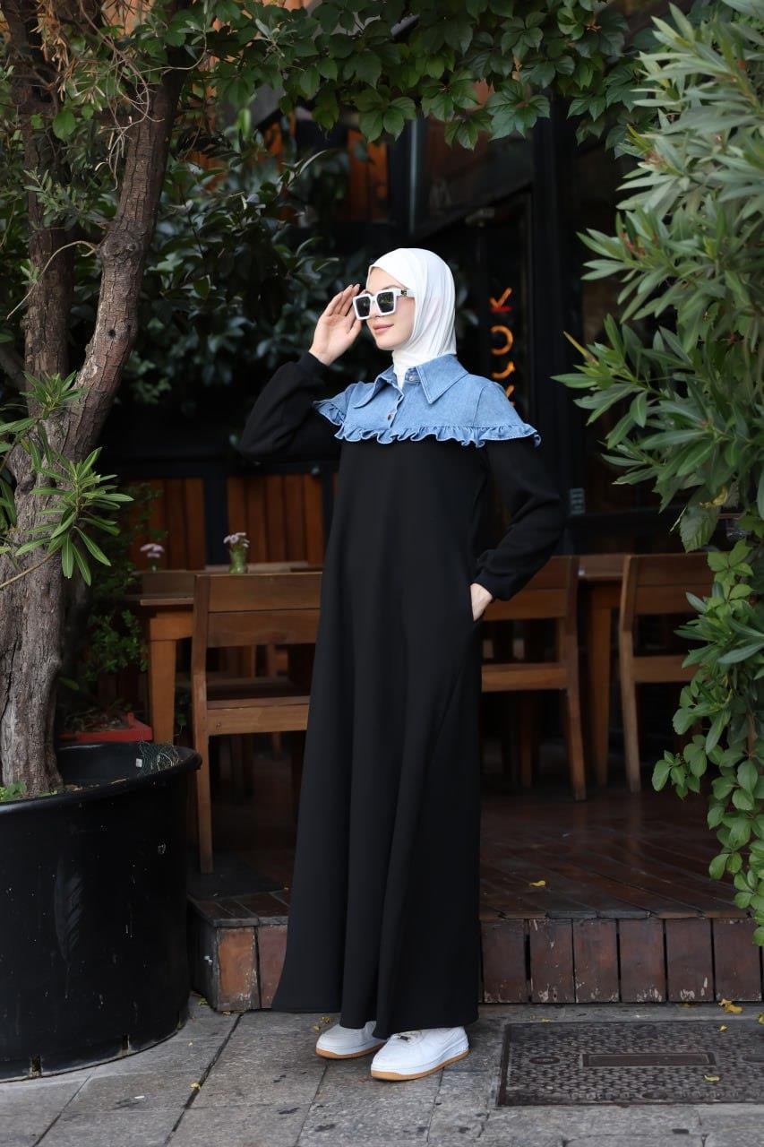 1583 Üç İplik ve jeans Detaylı Elbise - Siyah 