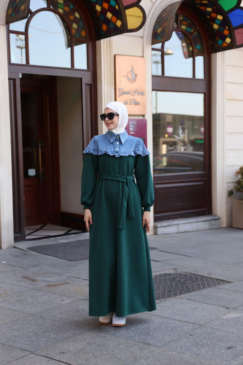 1583 Üç İplik ve jeans Detaylı Elbise - Zümrüt Yeşili 