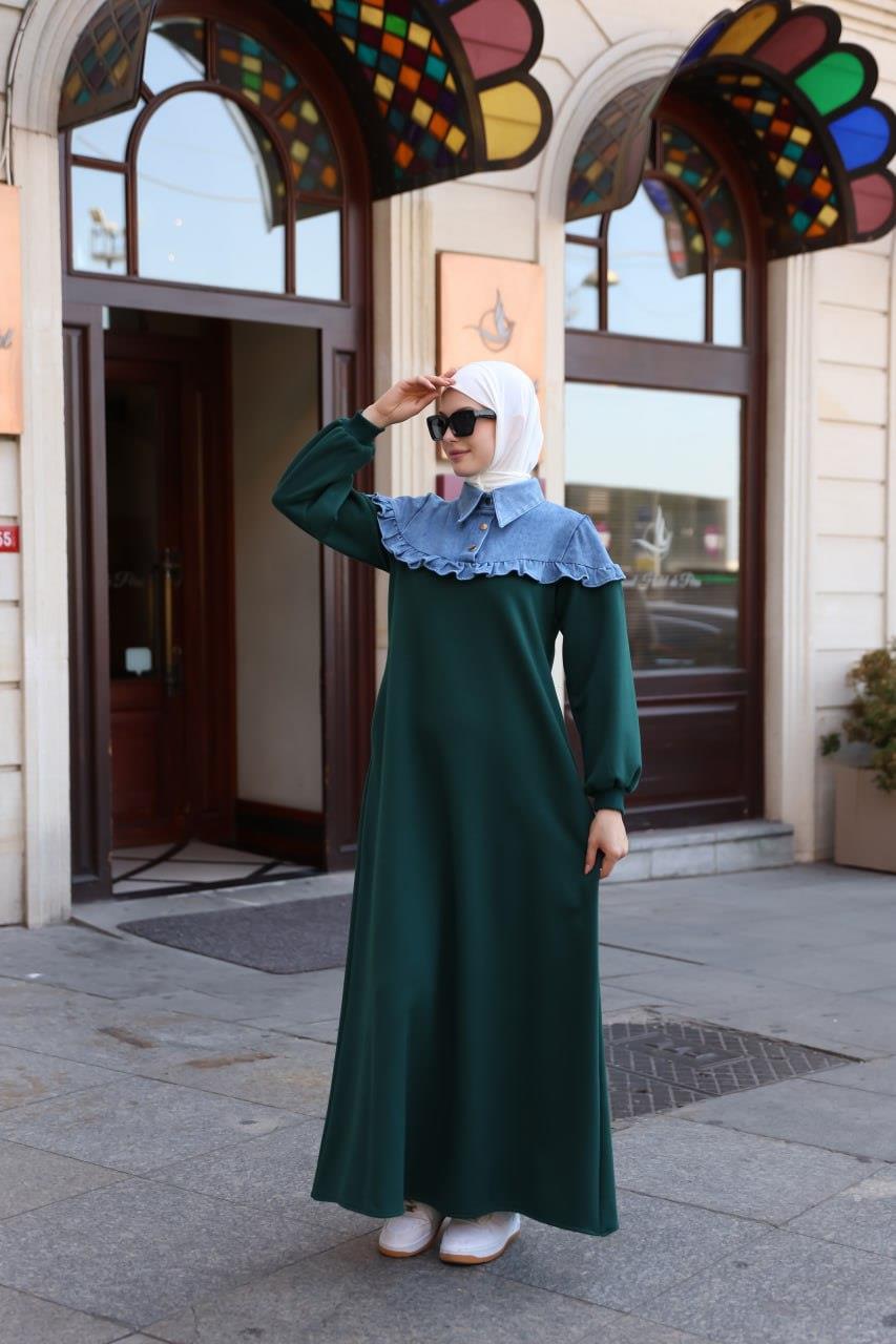 1583 Üç İplik ve jeans Detaylı Elbise - Zümrüt Yeşili 