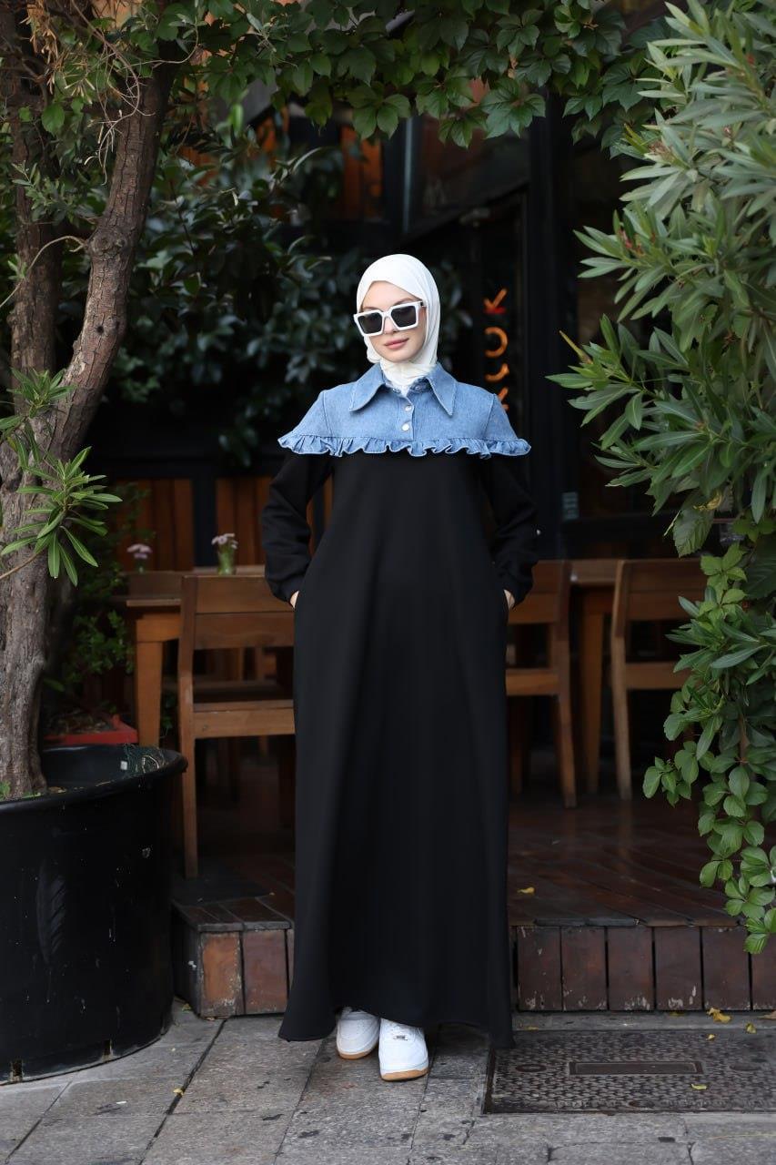 1583 Üç İplik ve jeans Detaylı Elbise - Siyah 
