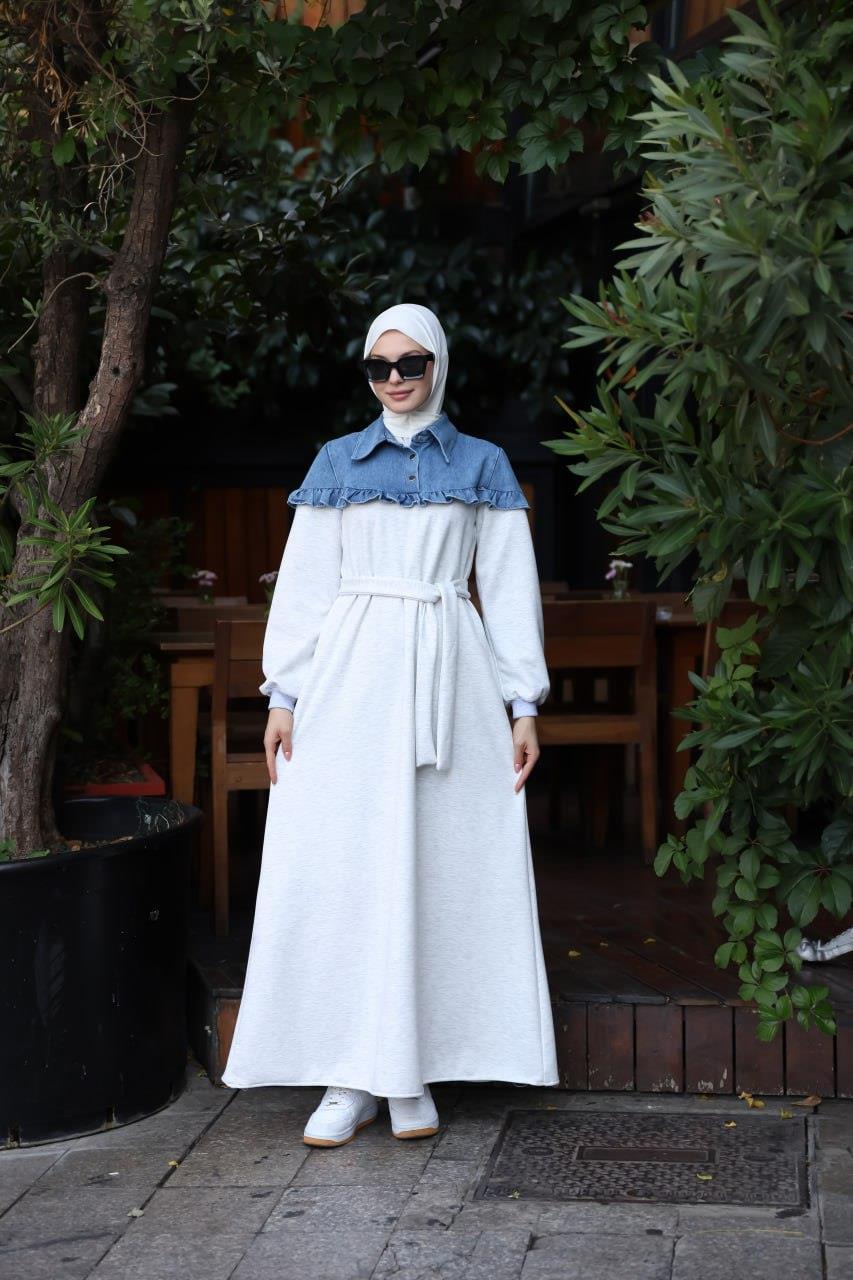 1583 Üç İplik ve jeans Detaylı Elbise - Beyaz 