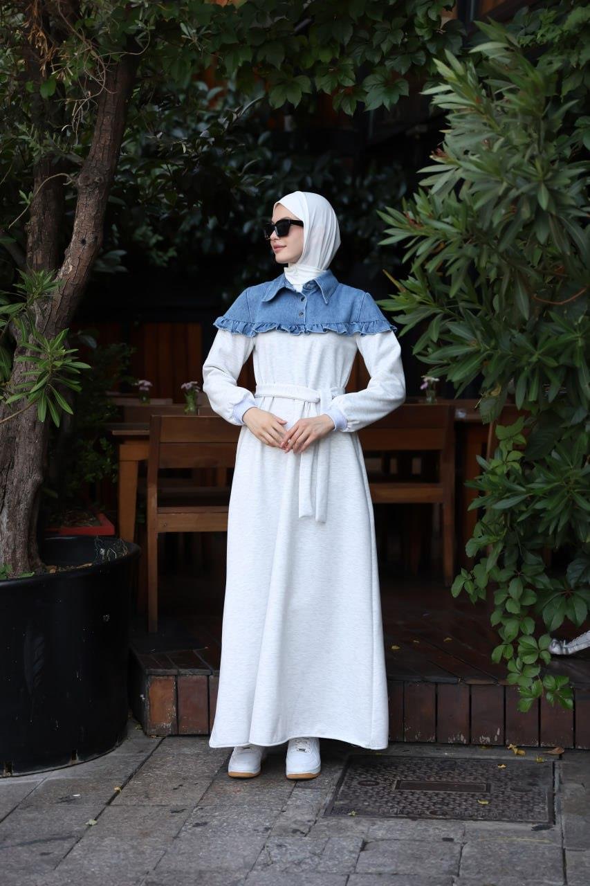 1583 Üç İplik ve jeans Detaylı Elbise - Beyaz 