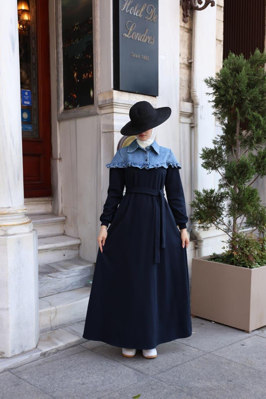 1583 Üç İplik ve jeans Detaylı Elbise - Lacivert 