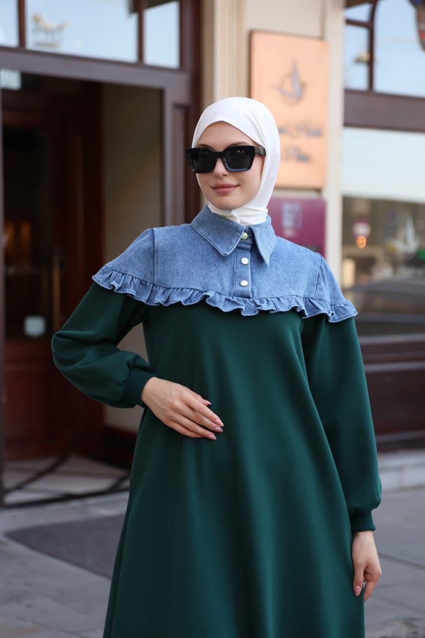 1583 Üç İplik ve jeans Detaylı Elbise - Zümrüt Yeşili 