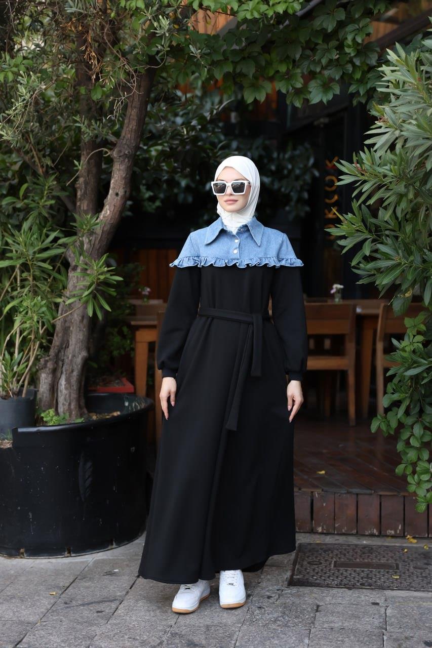 1583 Üç İplik ve jeans Detaylı Elbise - Siyah 