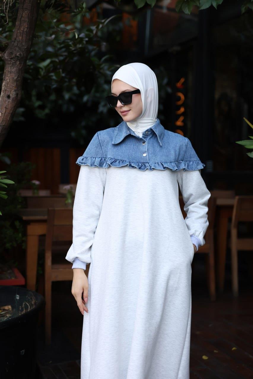 1583 Üç İplik ve jeans Detaylı Elbise - Beyaz 