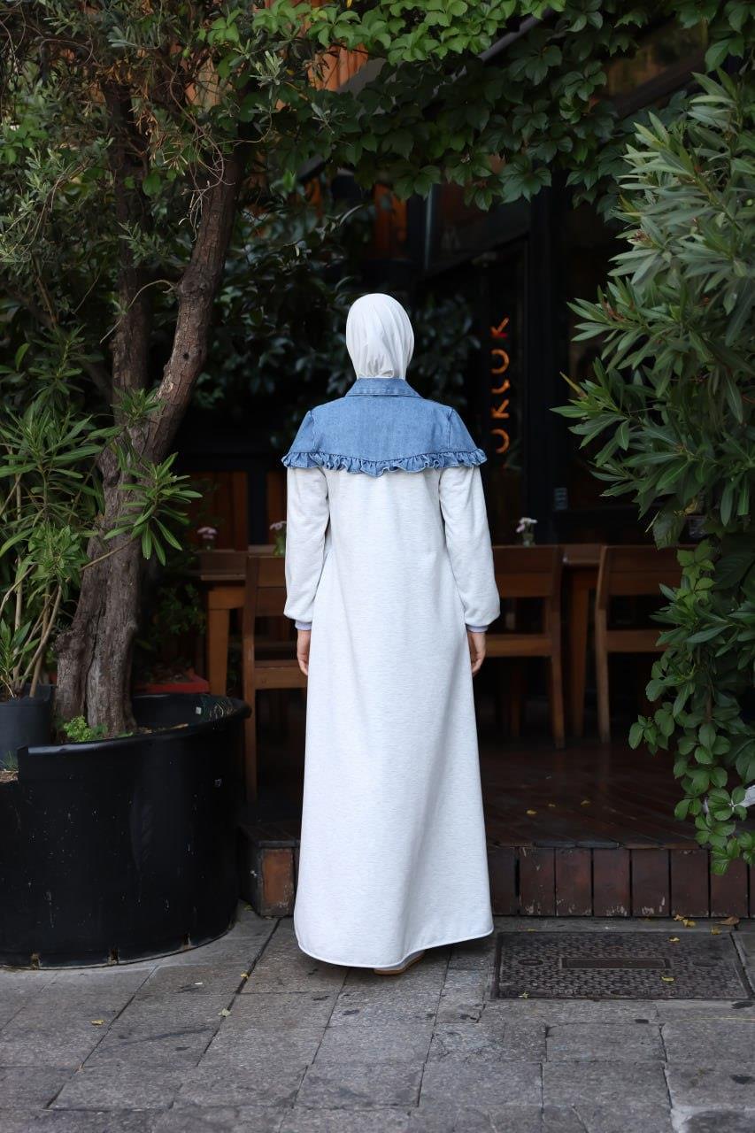 1583 Üç İplik ve jeans Detaylı Elbise - Beyaz 