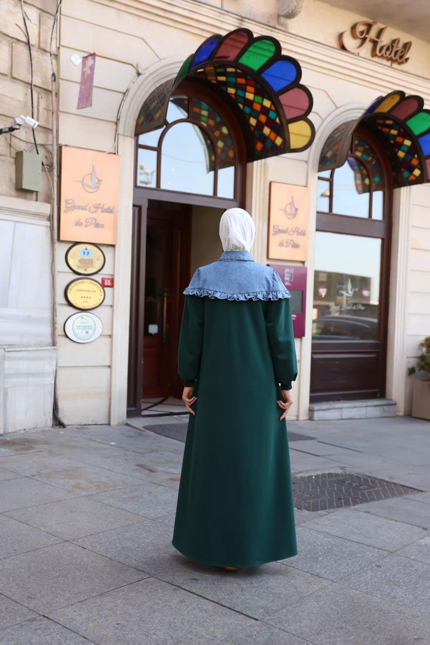 1583 Üç İplik ve jeans Detaylı Elbise - Zümrüt Yeşili 