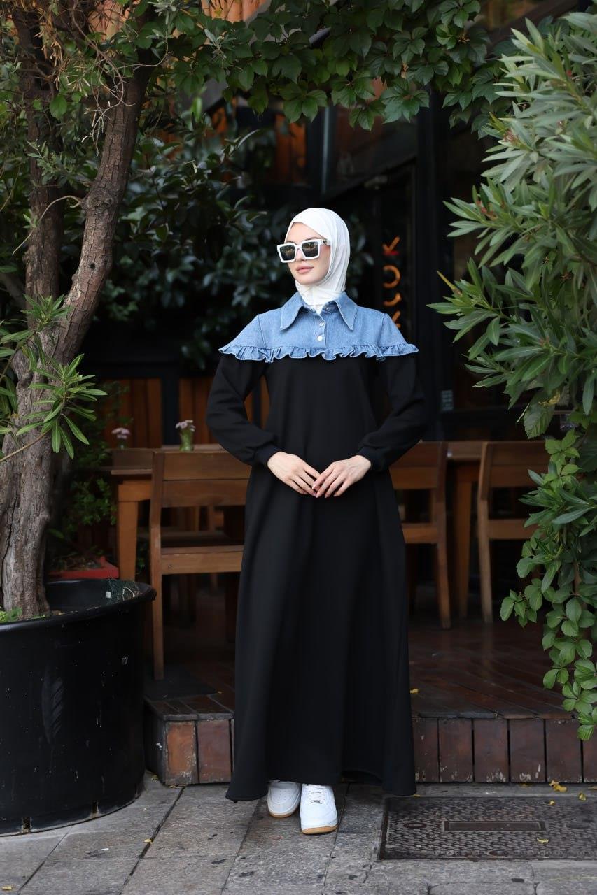 1583 Üç İplik ve jeans Detaylı Elbise - Siyah 