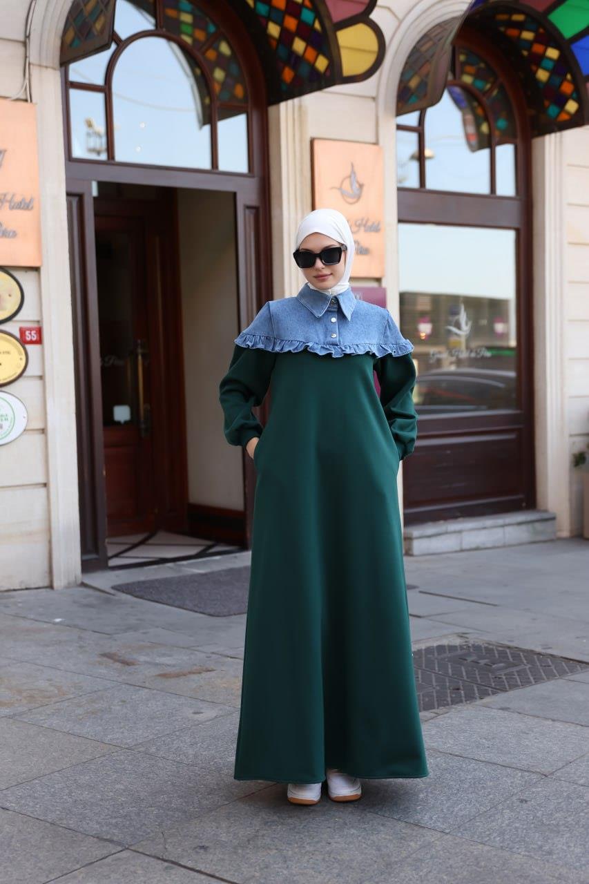 1583 Üç İplik ve jeans Detaylı Elbise - Zümrüt Yeşili 