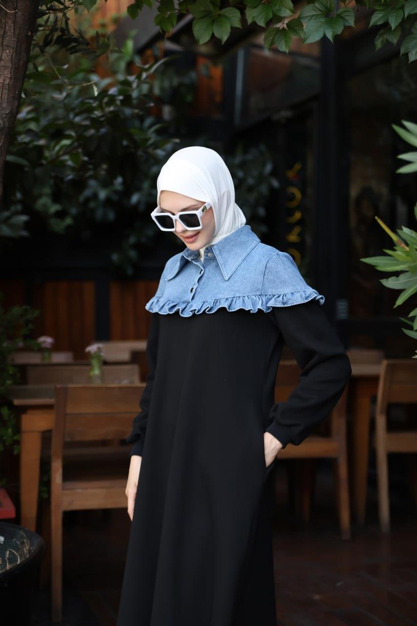 1583 Üç İplik ve jeans Detaylı Elbise - Siyah 