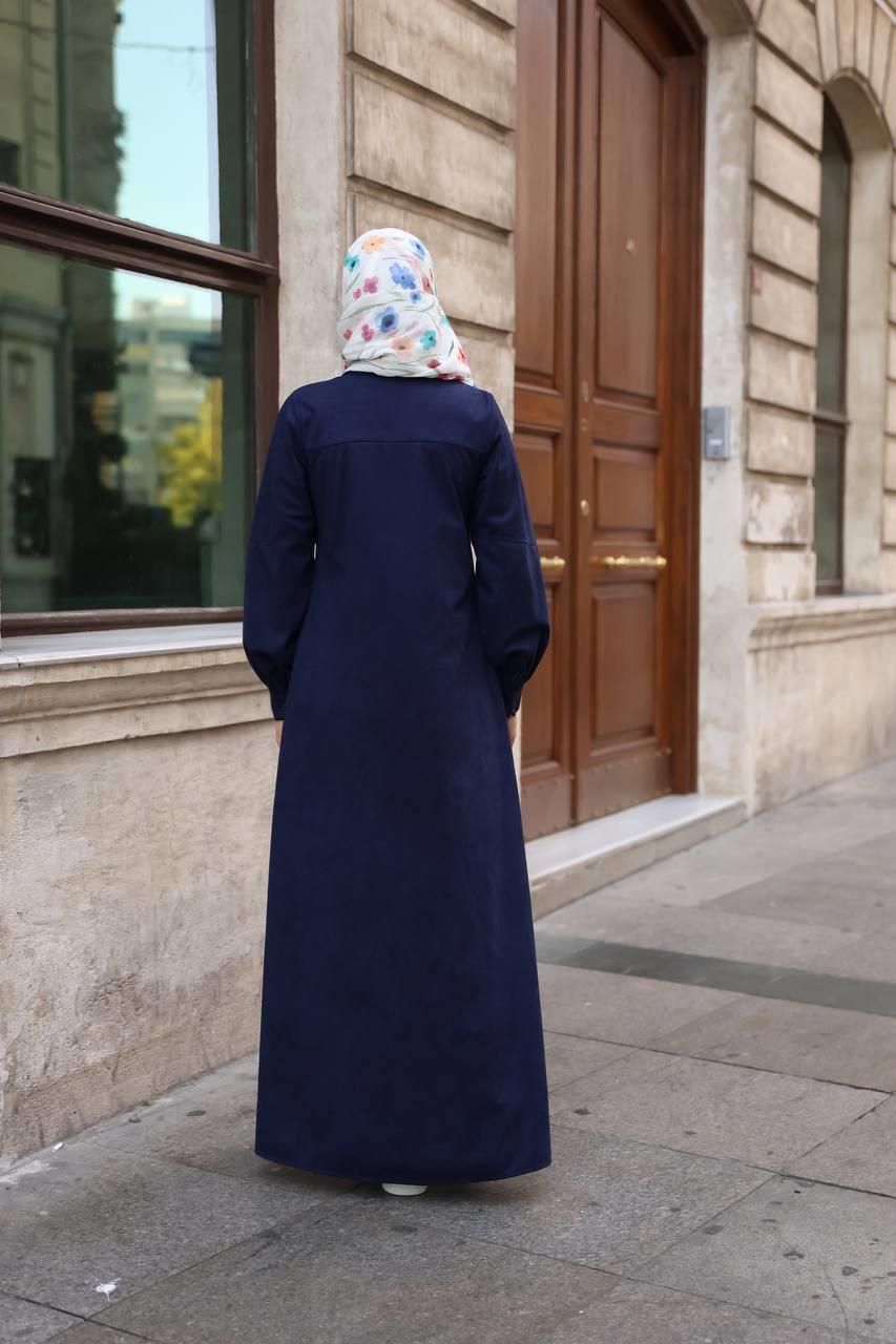 1596 Düğme Detaylı Elbise - Lacivert