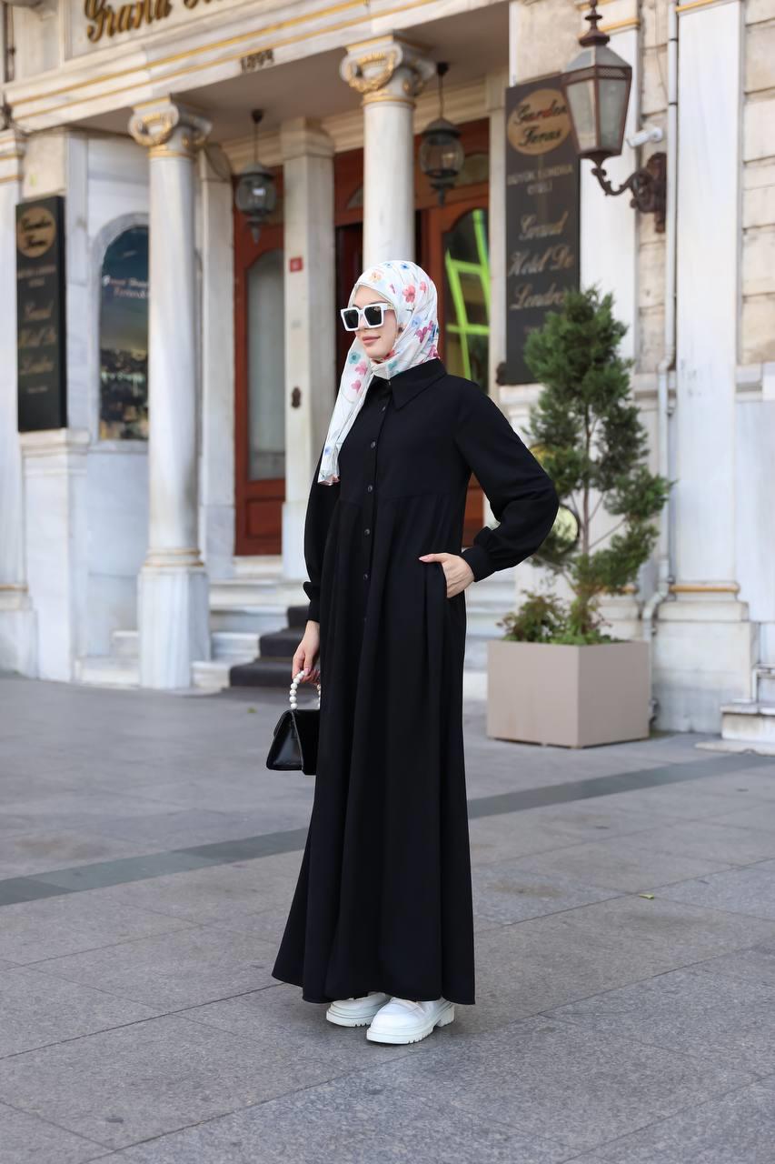 1596 Düğme Detaylı Elbise - Siyah 