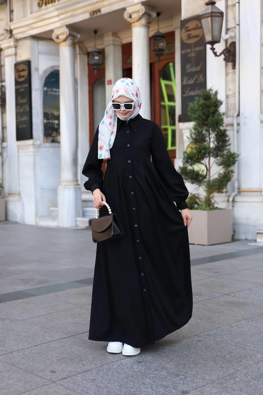 1596 Düğme Detaylı Elbise - Siyah 
