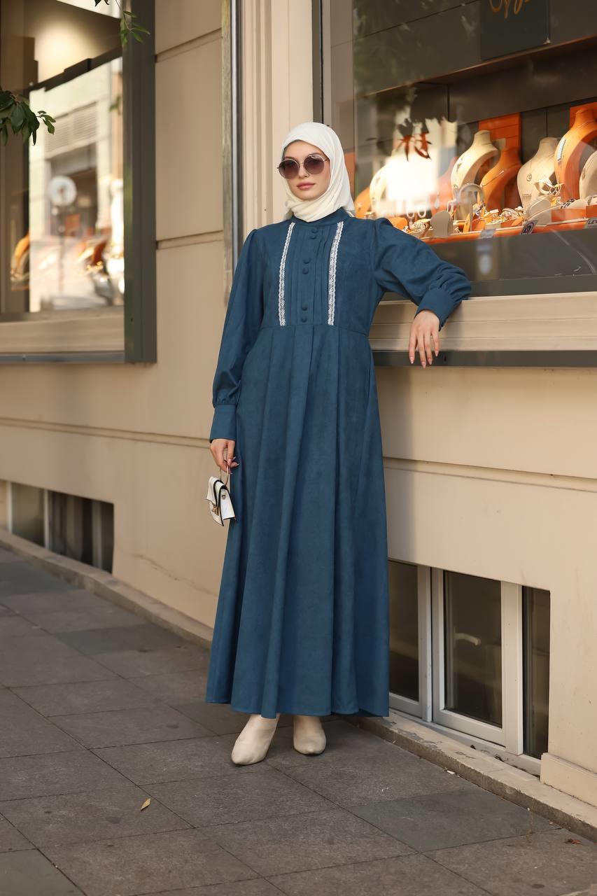 1601 Dantel Detaylı Elbise - Petrol 