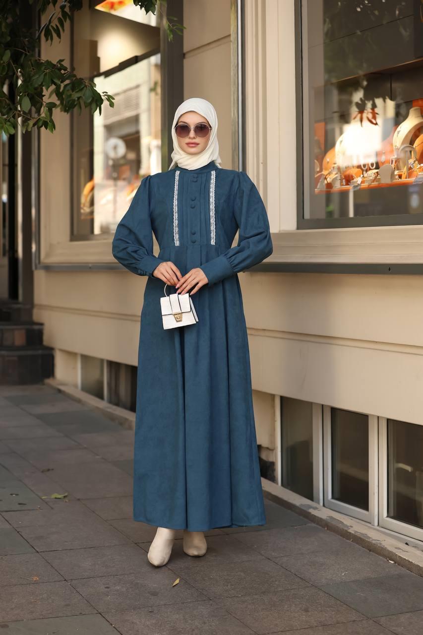 1601 Dantel Detaylı Elbise - Petrol 