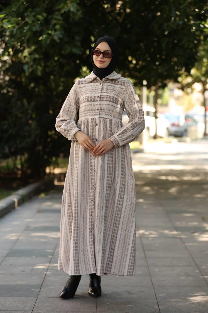 1604 Çizgili Kışlık Elbise - Bej