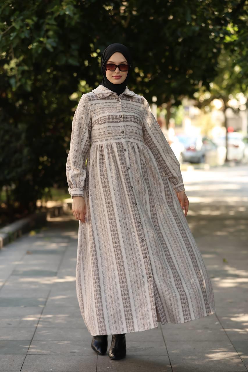 1604 Çizgili Kışlık Elbise - Bej
