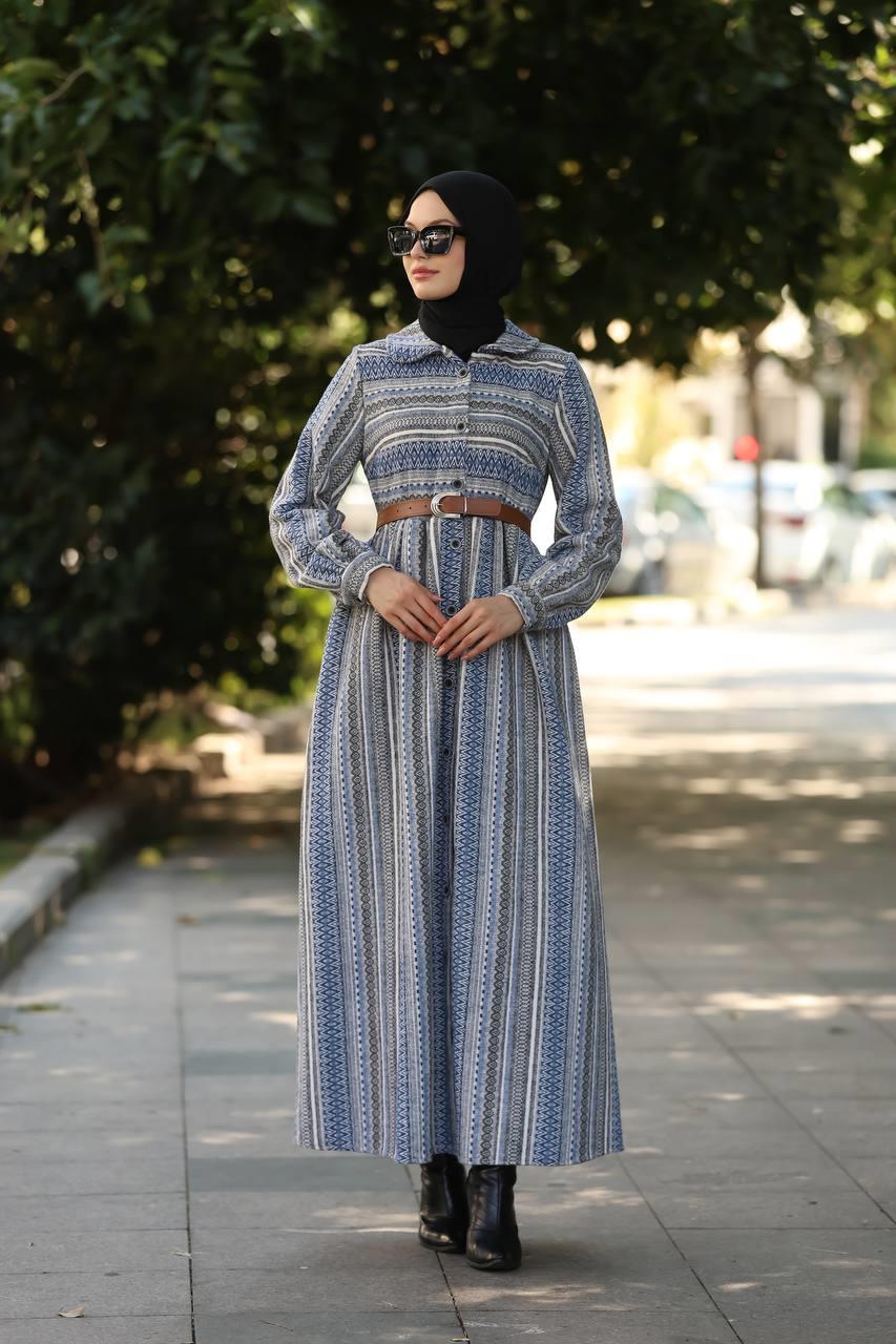 1604 Çizgili Kışlık Elbise - Mavi 