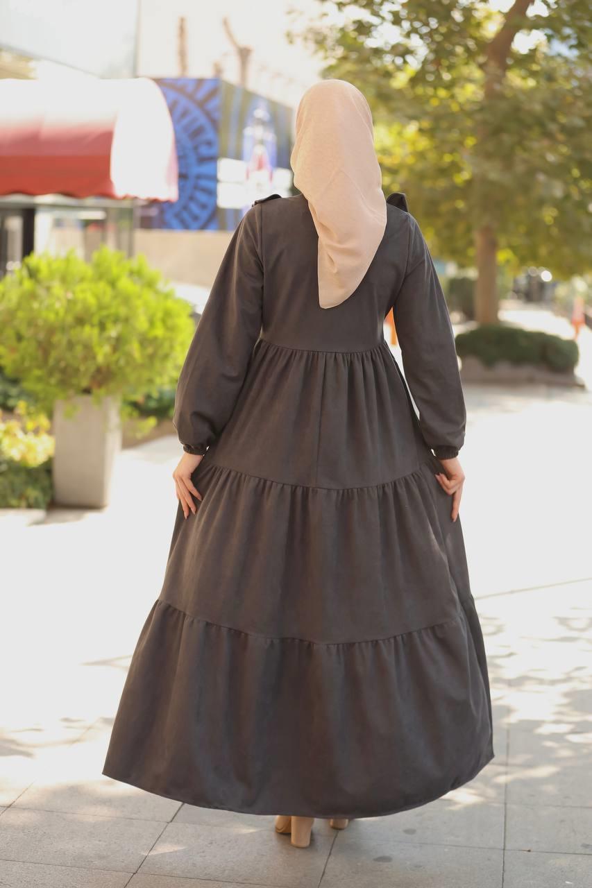 1613 Kendinden Desenli Elbise - Füme 