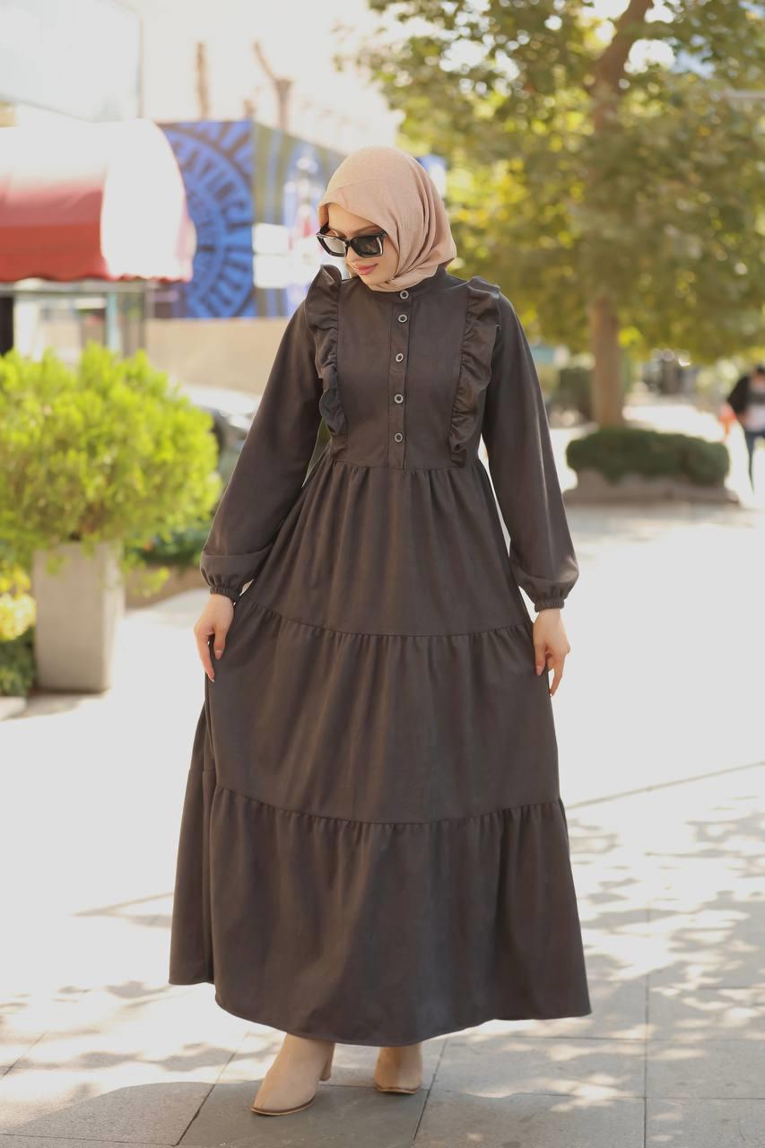 1613 Kendinden Desenli Elbise - Füme 