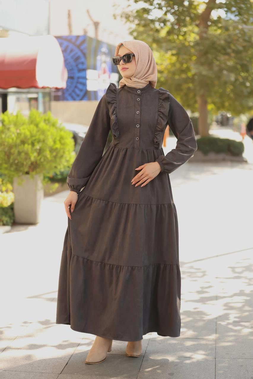 1613 Kendinden Desenli Elbise - Füme 