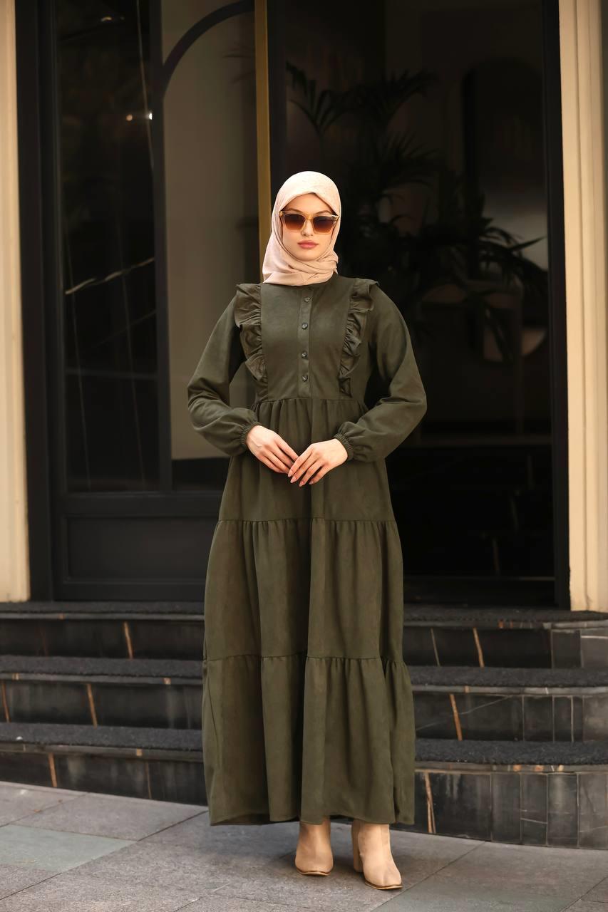 1613 Kendinden Desenli Elbise - Haki