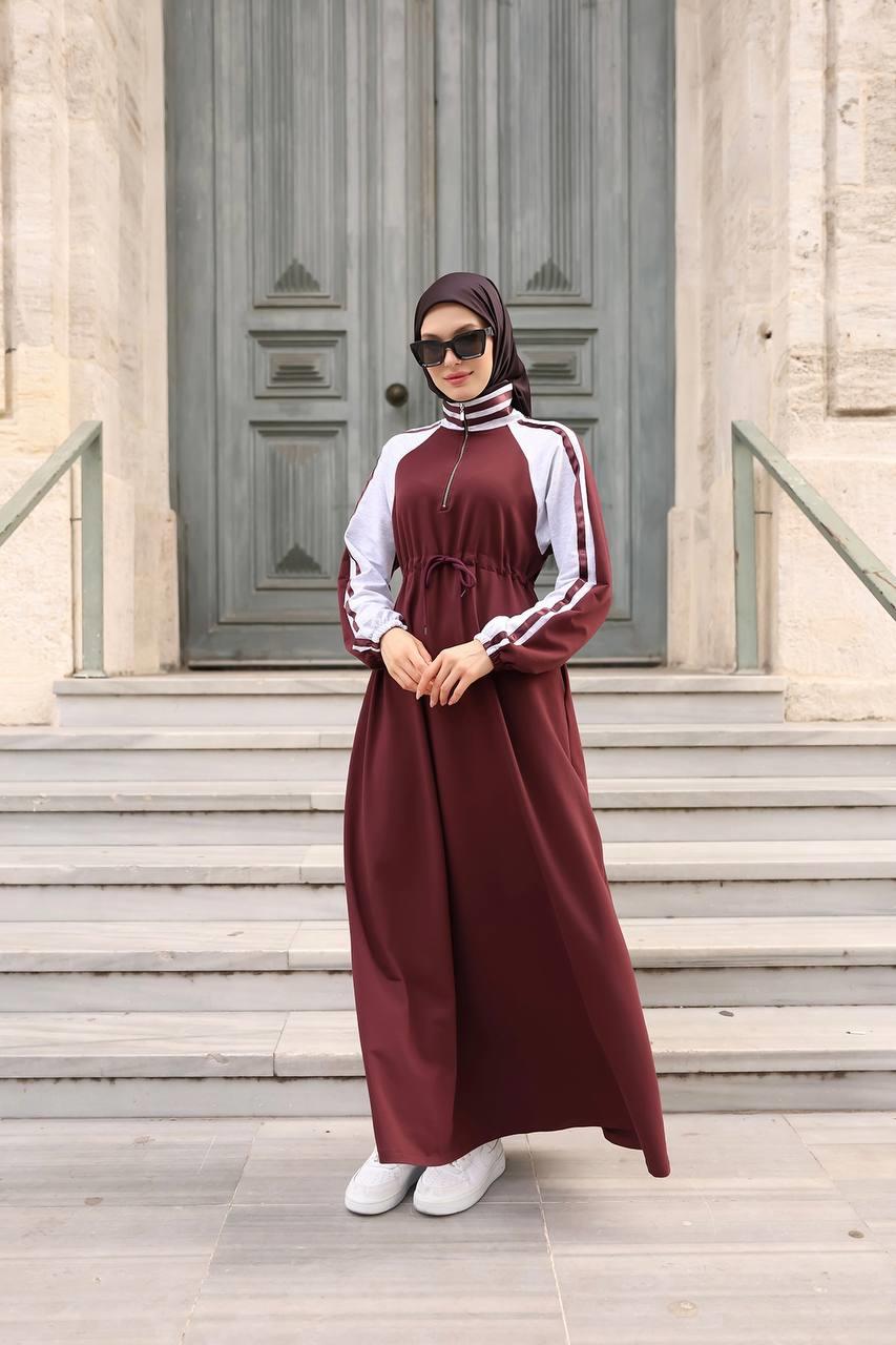 1614 Spor Şerit Detaylı Elbise - Bordo 