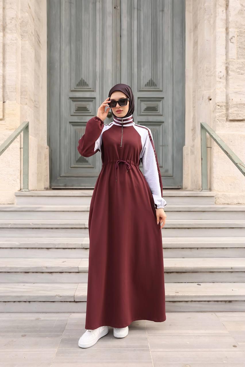 1614 Spor Şerit Detaylı Elbise - Bordo 