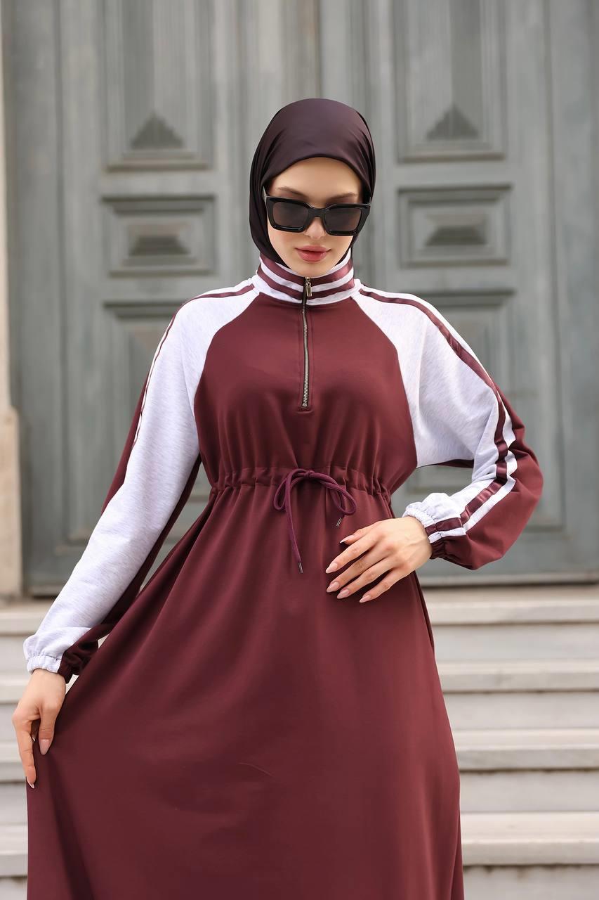 1614 Spor Şerit Detaylı Elbise - Bordo 