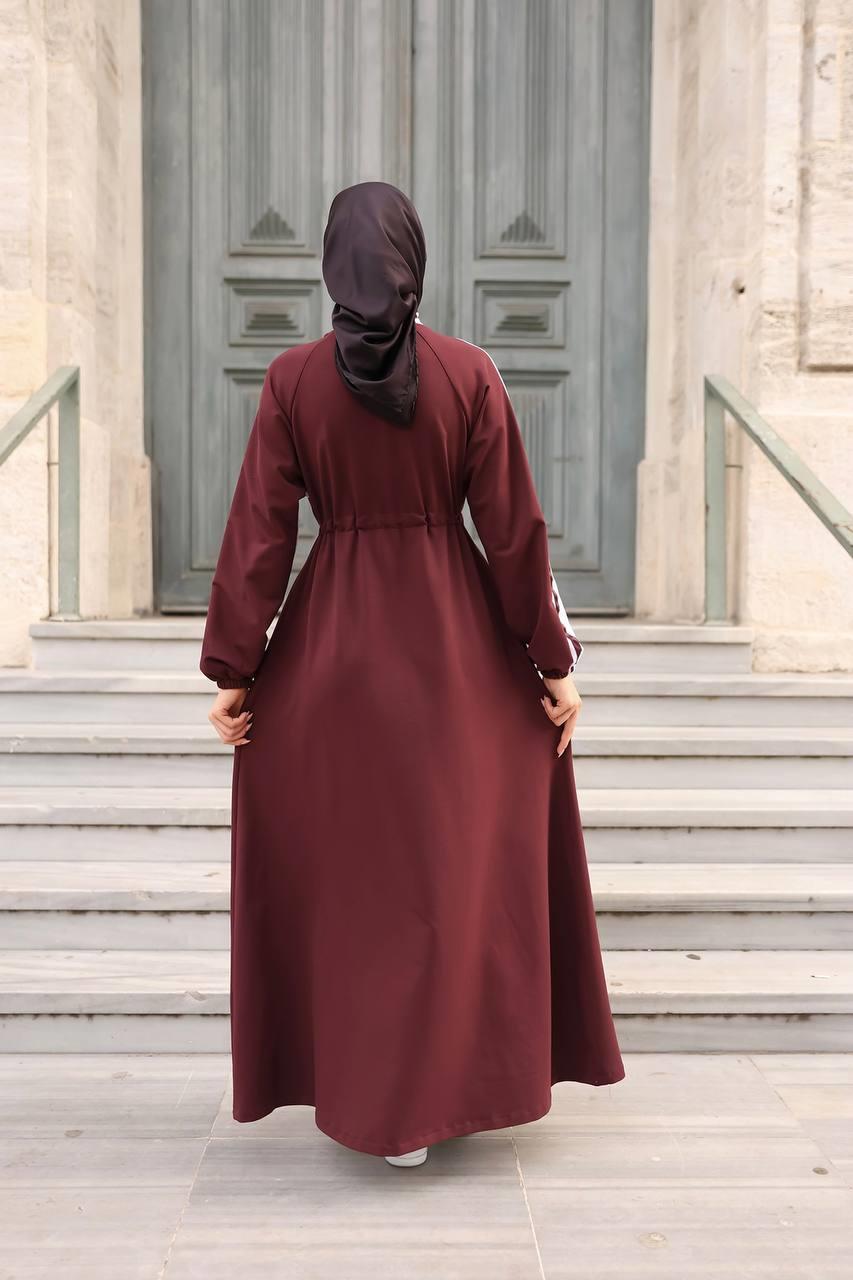 1614 Spor Şerit Detaylı Elbise - Bordo 