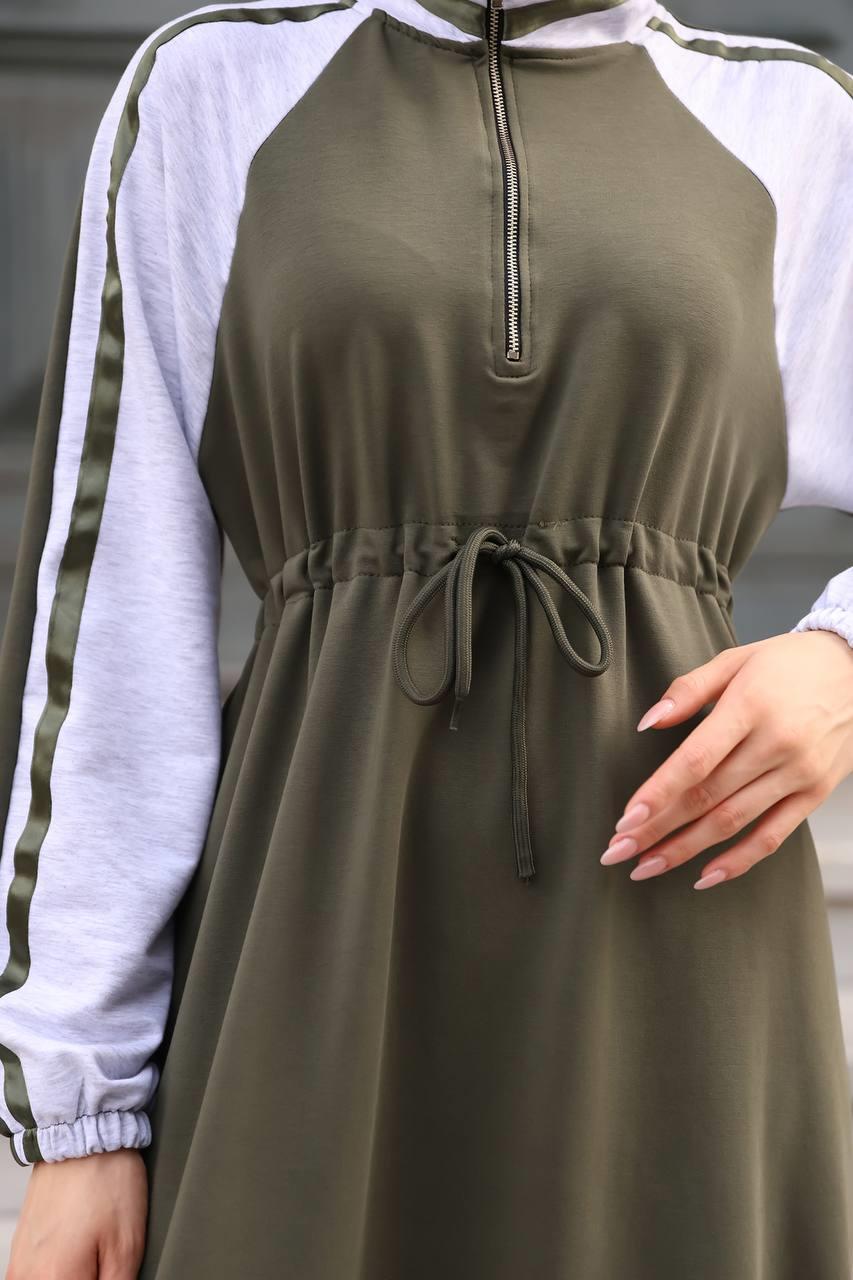 1614 Spor Şerit Detaylı Elbise - Haki