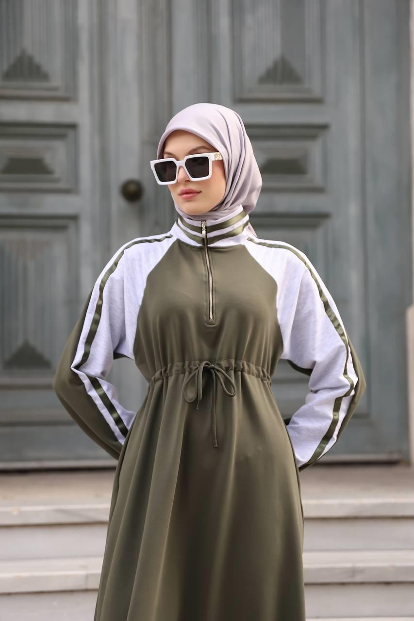 1614 Spor Şerit Detaylı Elbise - Haki