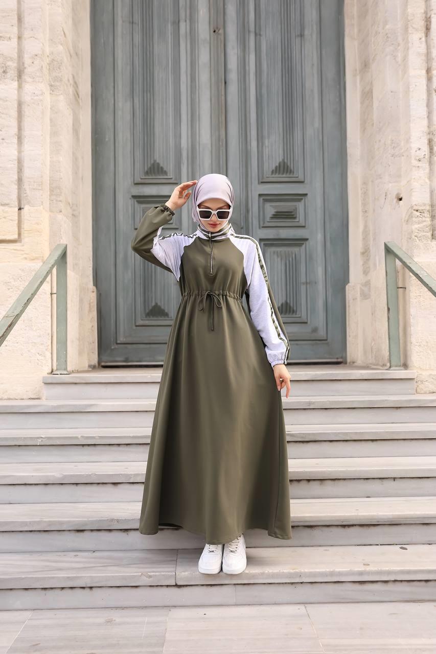 1614 Spor Şerit Detaylı Elbise - Haki