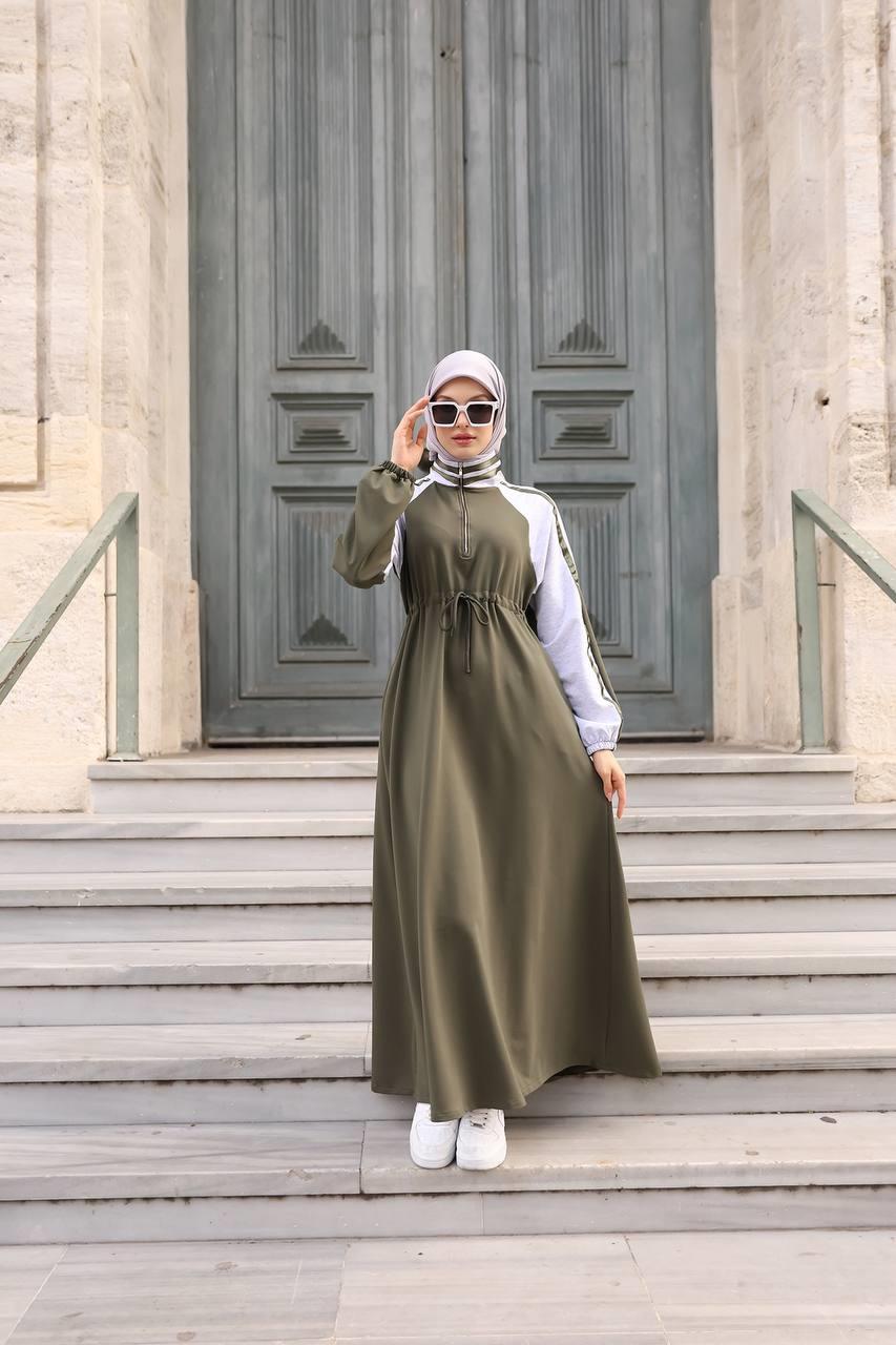 1614 Spor Şerit Detaylı Elbise - Haki