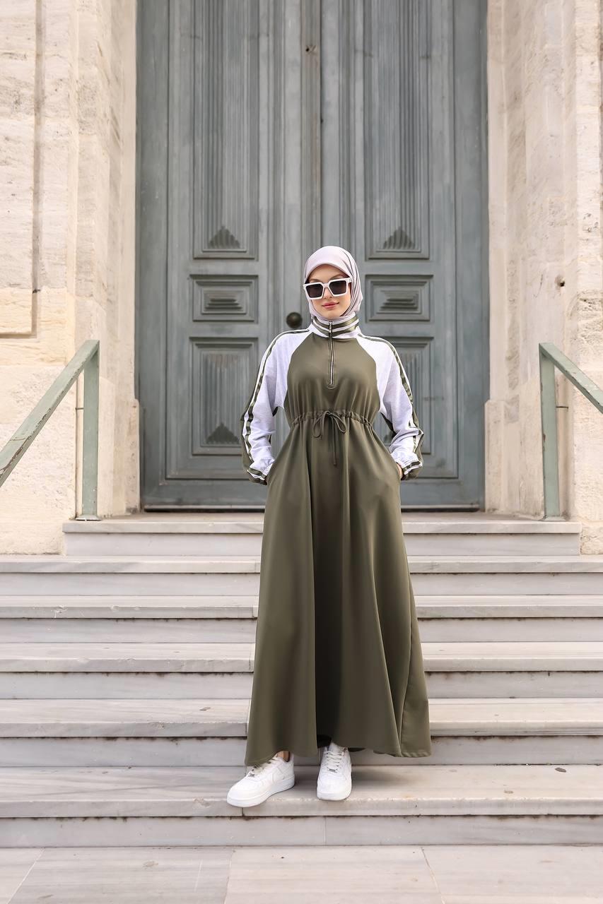 1614 Spor Şerit Detaylı Elbise - Haki