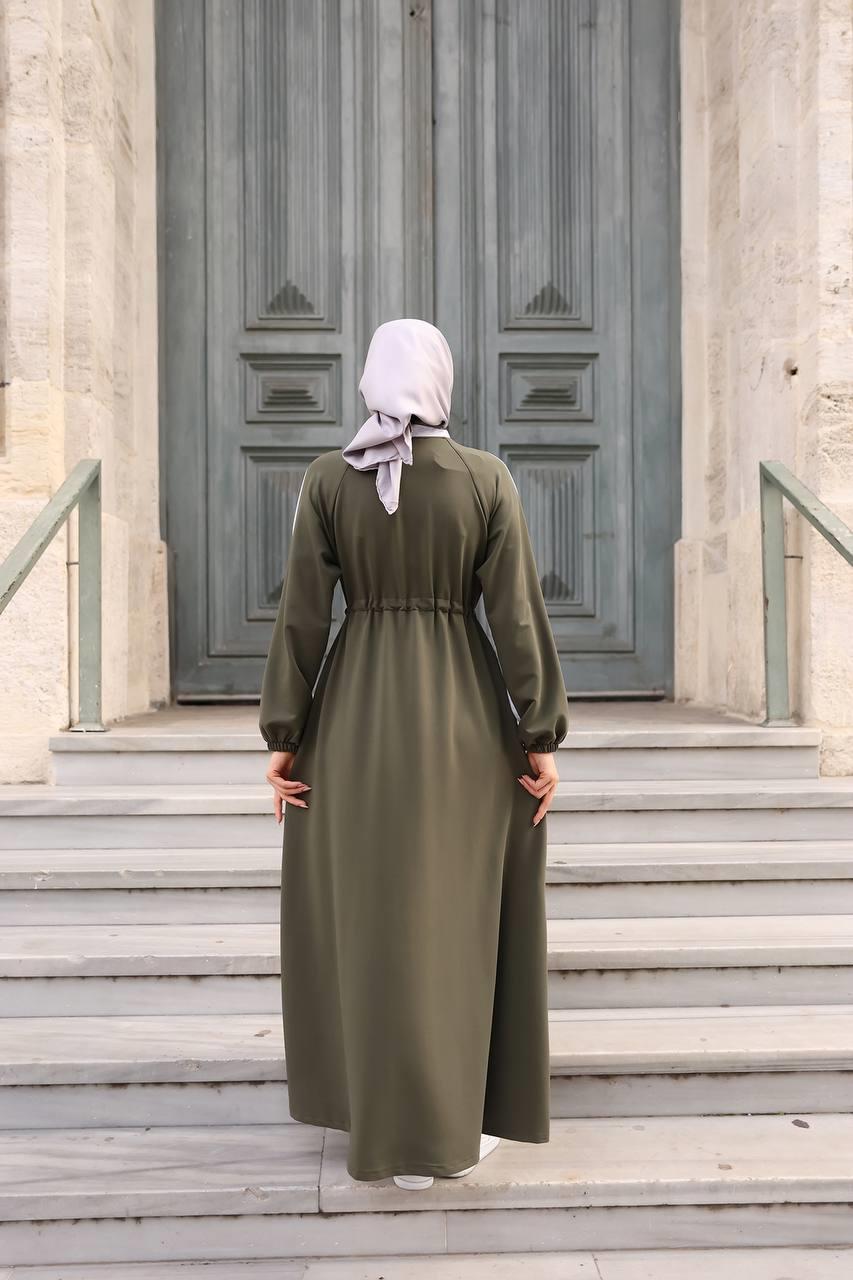 1614 Spor Şerit Detaylı Elbise - Haki