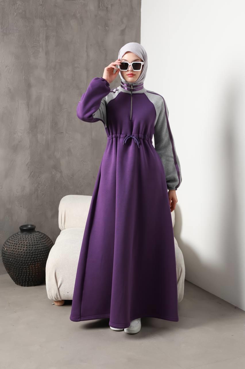 1614 Spor Şerit Detaylı Elbise - Mor 
