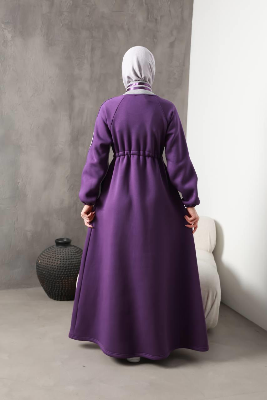1614 Spor Şerit Detaylı Elbise - Mor 