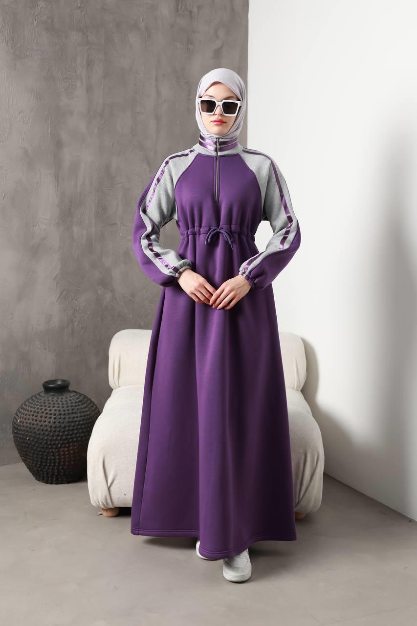 1614 Spor Şerit Detaylı Elbise - Mor 