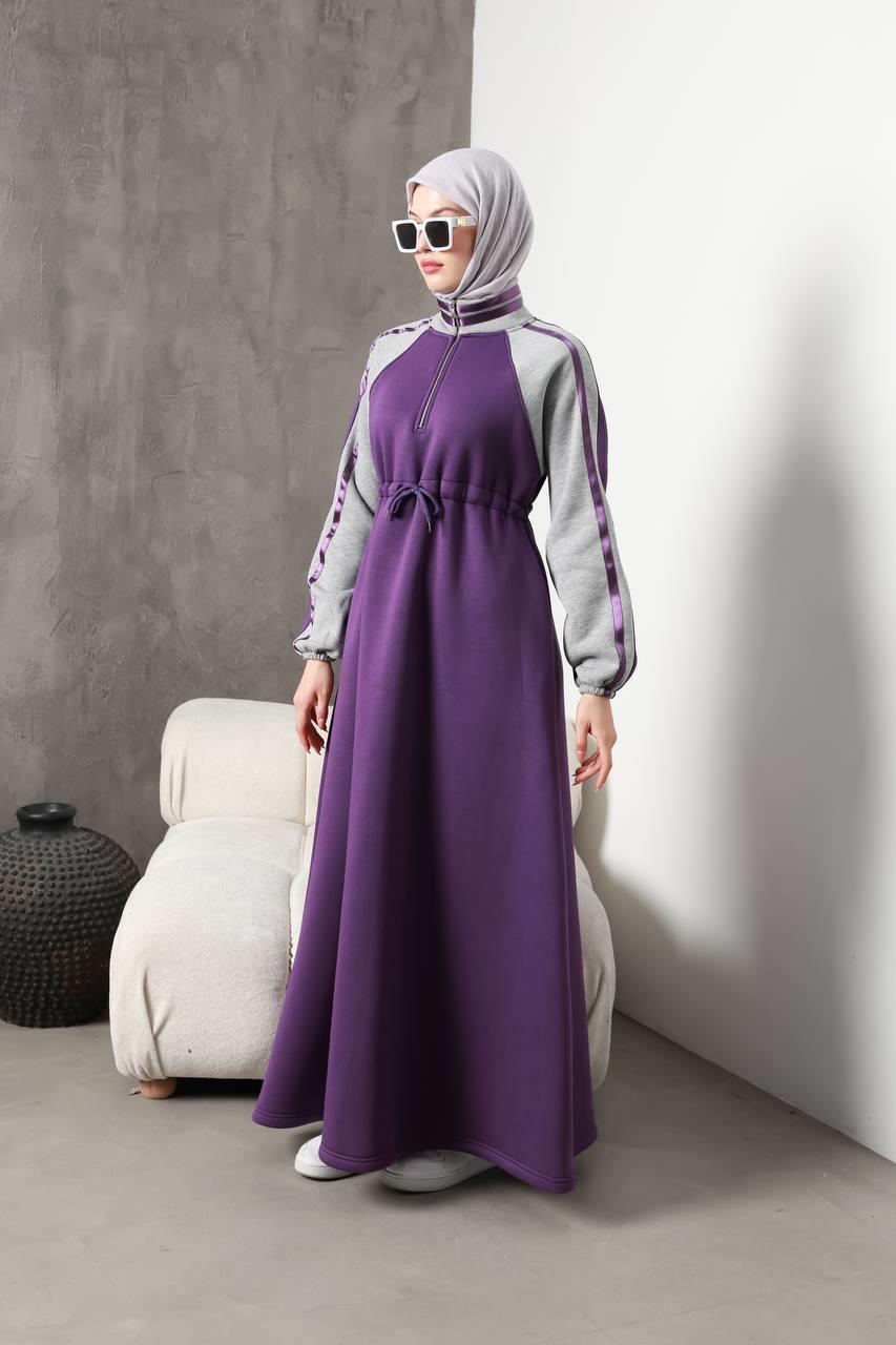 1614 Spor Şerit Detaylı Elbise - Mor 