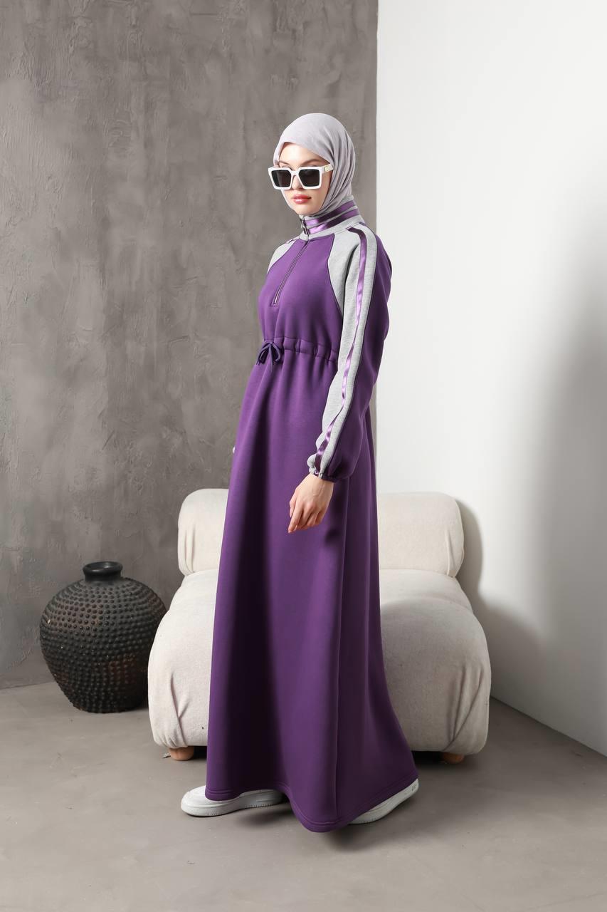 1614 Spor Şerit Detaylı Elbise - Mor 