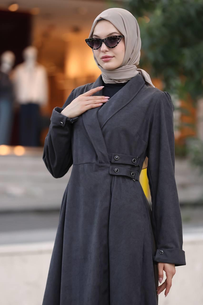 1625 Yandan Kemer Detaylı Elbise - Gri