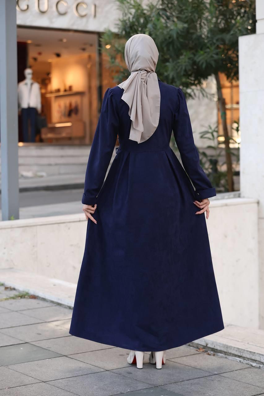1625 Yandan Kemer Detaylı Elbise - Lacivert 